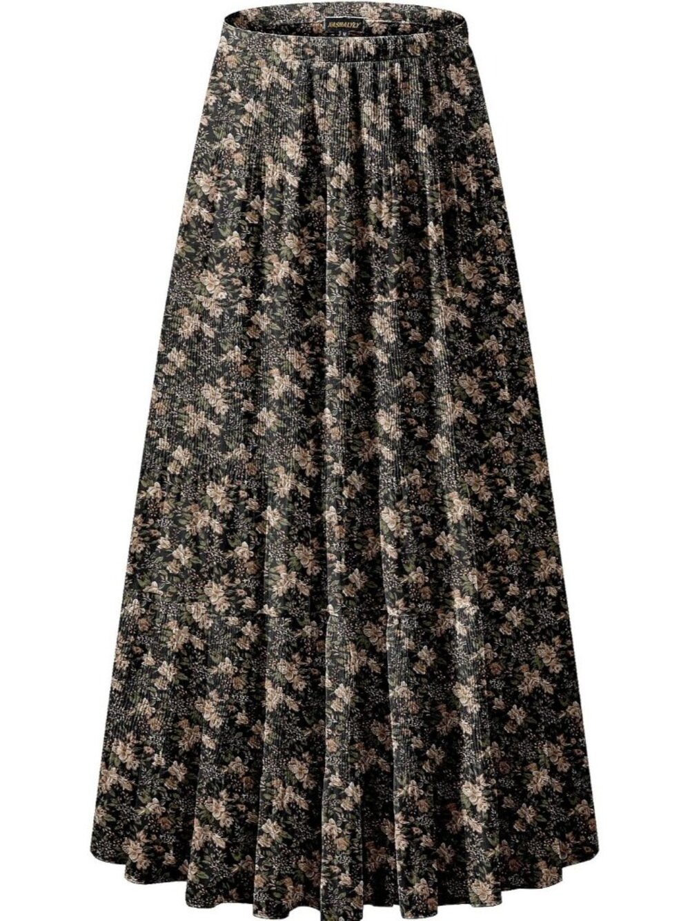 Women Black Coffee Floral Chiffon Elastic High Waisted Pleated A-Line Long Skirt